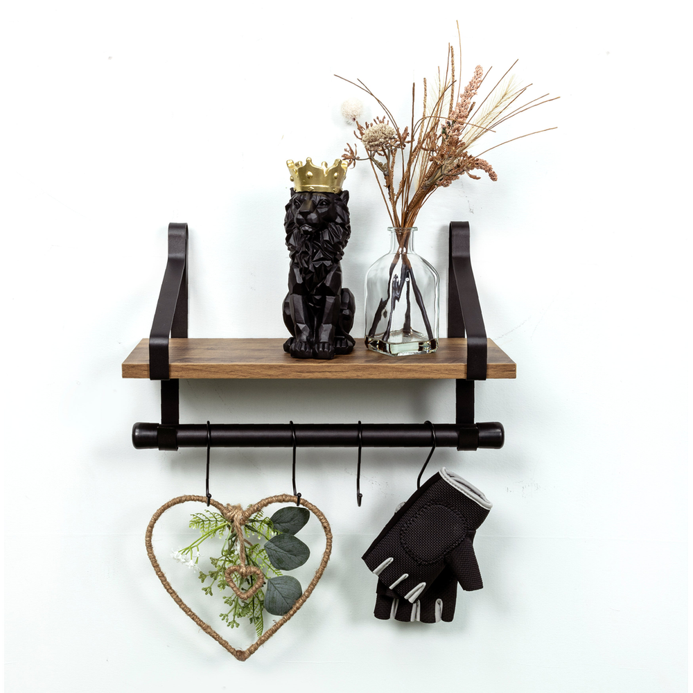 Dark Oak Wall Shelf with Black Rail - PARGI: Professional-Quality, 1 Tier, 15mm MDF+Iron, Black+Oak
