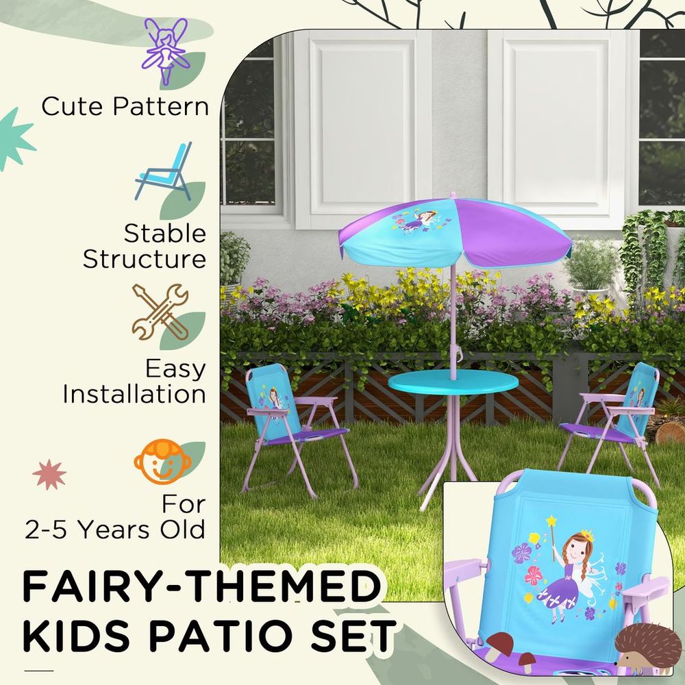 Outsunny Kids Fairy Bistro Set - Adjustable Parasol & Portable Table/Chairs, Perfect for Playtime & Outdoor Adventures!