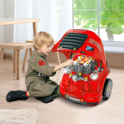 HOMCOM Kids Truck Engine Toy Set, Toddler Educational Car Service Station Playset, Take Apart Workshop, w/RC Car Key, Steering wheel, Horn, Light, for 3-5 Years Old Red