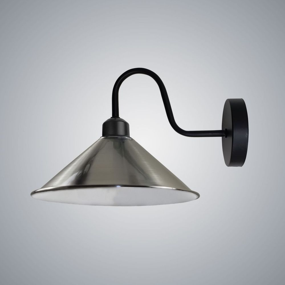 Elegant Satin Nickel Wall Light Fixture with Black Wall Sconce - Vintage Style, E27 Base, Swan Neck Cone Shade