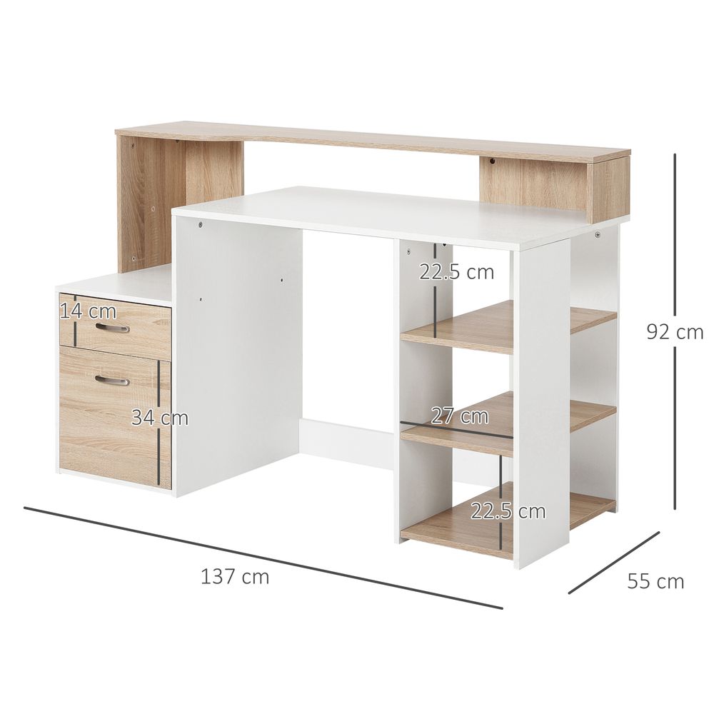 HOMCOM Computer Desk PC Table Modern Home Office Writing Workstation Furniture Printer Shelf Rack w/Storage Drawer & Shelves (Oak and white)