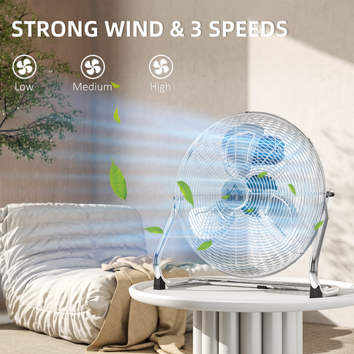 HOMCOM Metal Floor Fan with 3 Speeds & Adjustable Tilt, Silver Tone