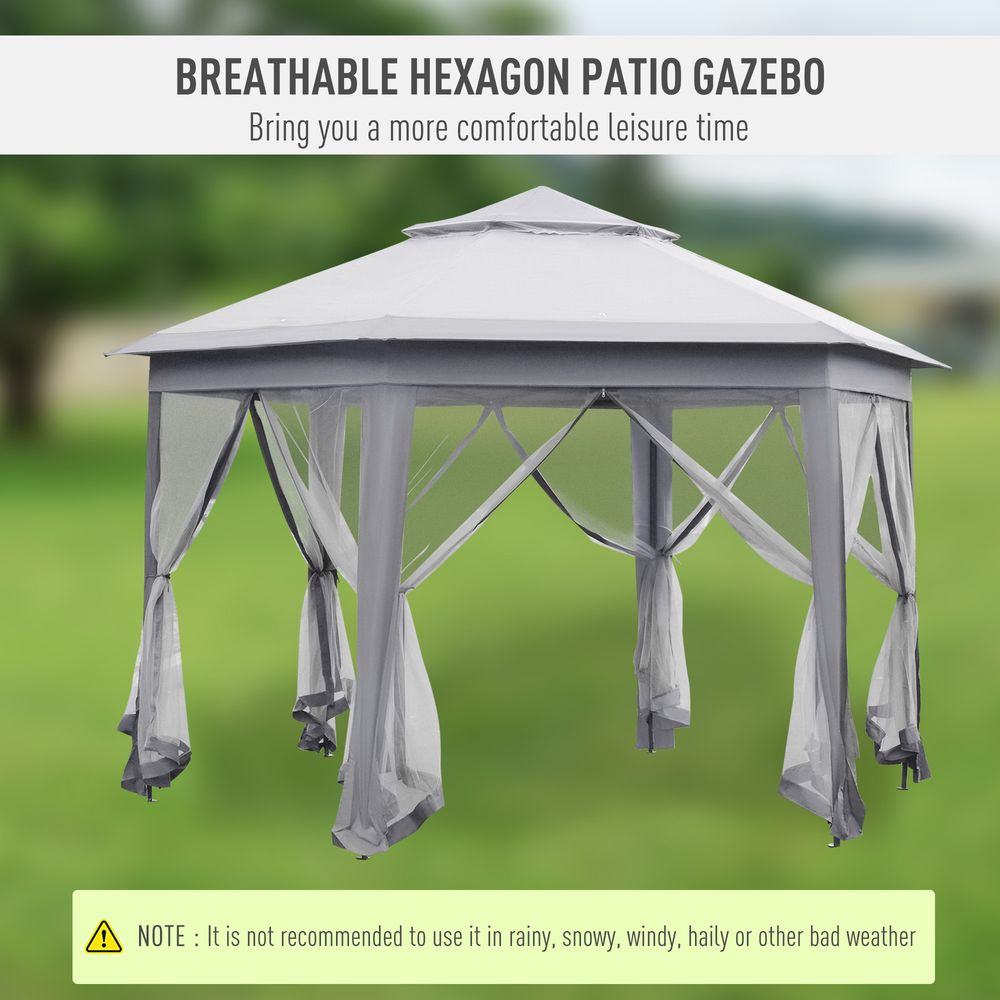 Hexagon Pop Up Gazebo Double Roof Netting, 4m x 4m, Grey w/ Mesh, 4x4m