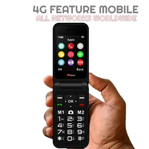 TTfone Black TT760 Flip 4G Mobile with USB C Cable, O2 SIM