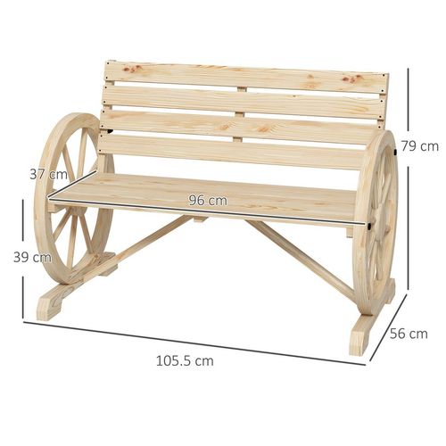 Outsunny 2 Seater Garden Bench w/ Wooden Cart Wagon Wheel Natural