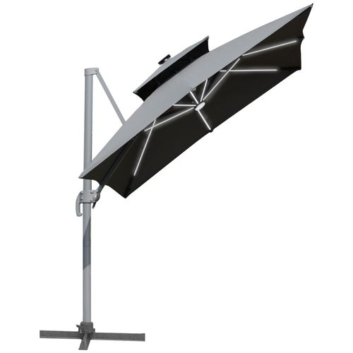 3m Cantilever Parasol LED Patio Umbrella for Lawn Beach Poolside Grey Outsunny