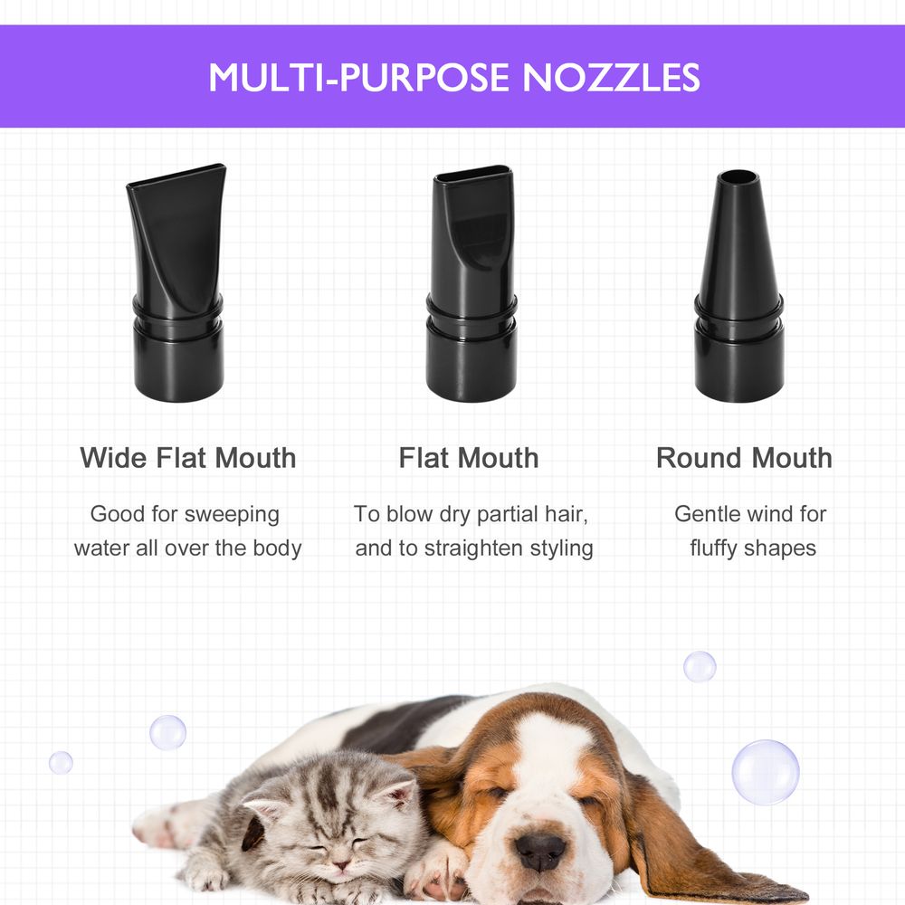 PawHut 2800W Dog Dryer Blaster Pet Grooming Hair Dryer Blower Adjustable Temperature Speed with 2.1M Flexible Hose 3 Nozzles - Purple