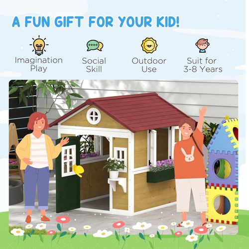 Outsunny Wooden Playhouse with Doors, Wooden, Plant Pots for Kids - Beige