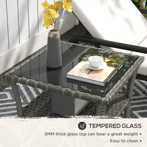 Outsunny PE Rattan Coffee Table, Two-tier Side Table with Glass Top, Grey