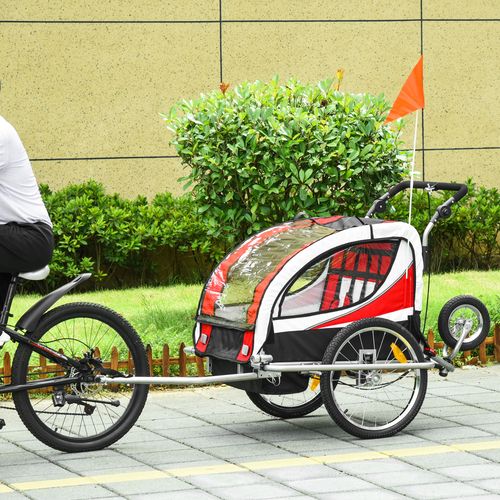 HOMCOM Child Bike Trailer, Baby Bicycle Trailer for 2 Kids with 5 Point Harness, Steel Frame, Reflectors, Safety Flag, Hitch Coupler, Red