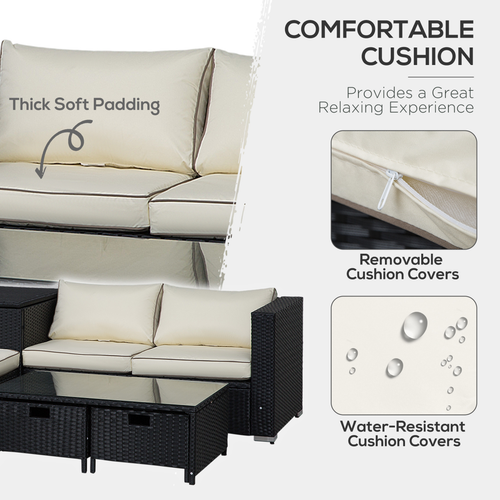 4-Seater Rattan Wicker Garden Patio Sofa Storage & Table Set Black