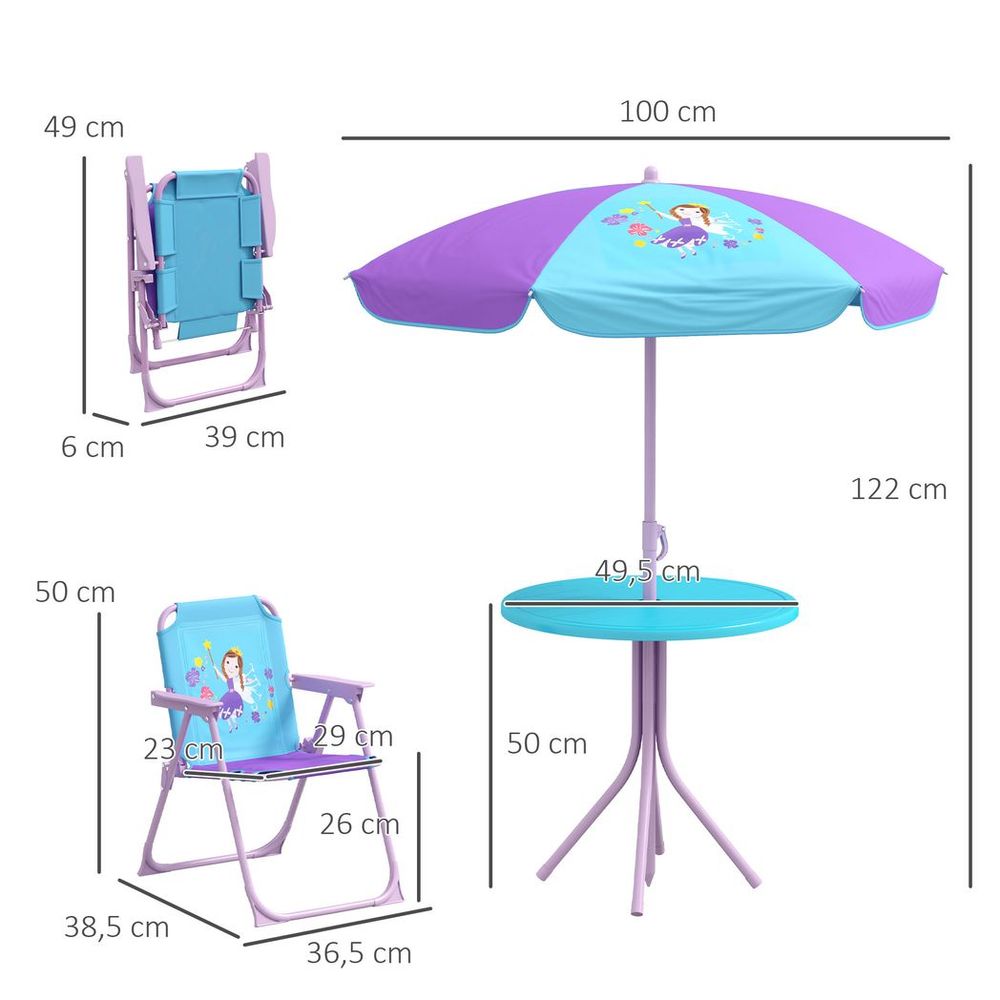 Outsunny Kids Fairy Bistro Set - Adjustable Parasol & Portable Table/Chairs, Perfect for Playtime & Outdoor Adventures!
