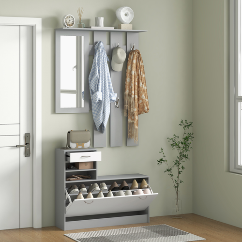 HOMCOM Hallway Furniture Set with Shoe Cabinet, Coat Rack and Mirror, Grey