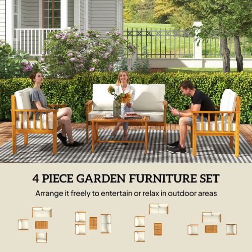 Outsunny 4 Seater Acacia Wood Patio Conversation Set Slatted Design Teak