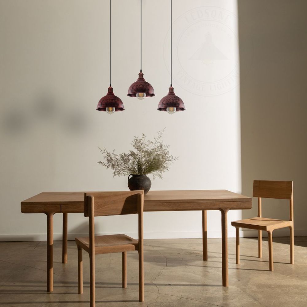 Vintage Industrial Rustic Red Pendant Light - E27 Base - Metal Brushed Fitting - Small Curvy Lamp Shade - High Quality