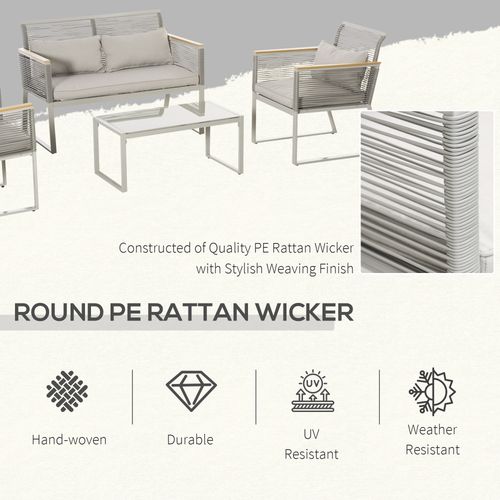 4-Seater Patio Wicker Sofa, Metal Frame PE Rattan Tempered Glass Table Grey