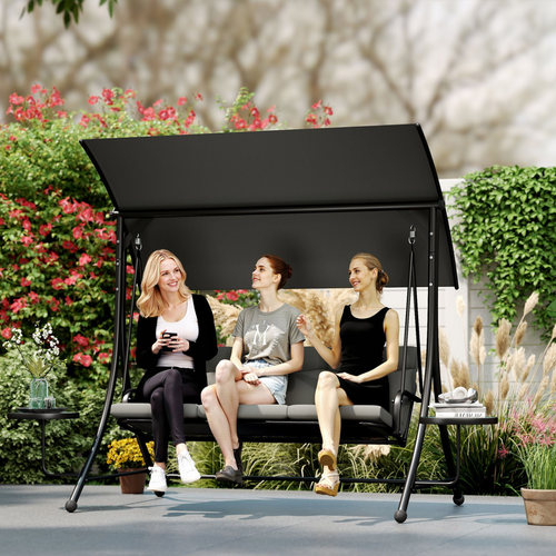 Outsunny 3 Seat Garden Swing Chair Steel w/ Adjustable Canopy and Coffee Tables