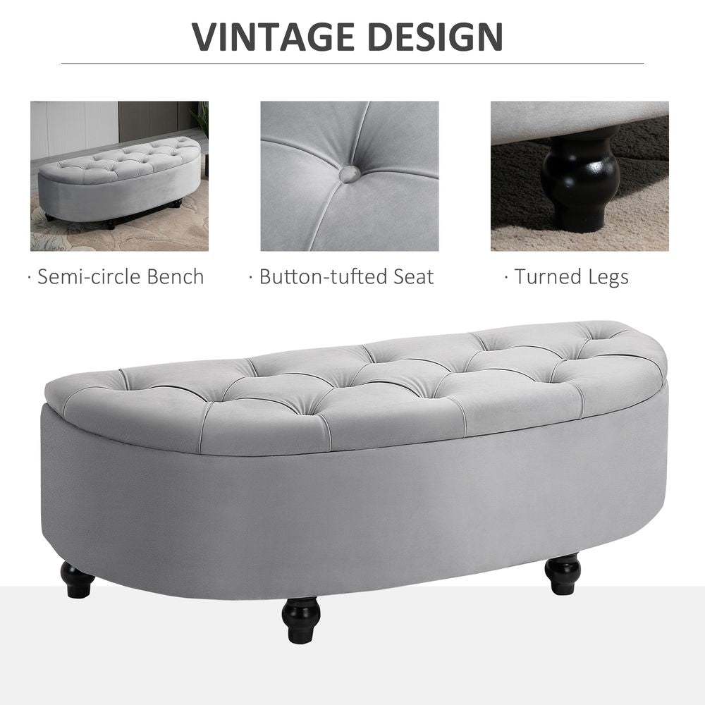 HOMCOM Semi-Circle Bed End Bench Ottoman with Storage Tufted Upholstered Accent Seat Footrest Stool with Rubberwood Legs for Bedroom & Entryway, Dark Grey