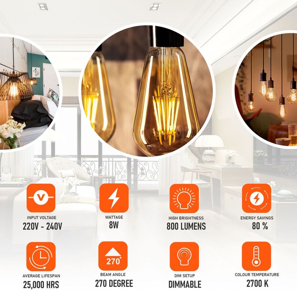 6 Pack E27 LED Edison Dimmable Vintage Amber Glass Warm white 2700K Light Bulb