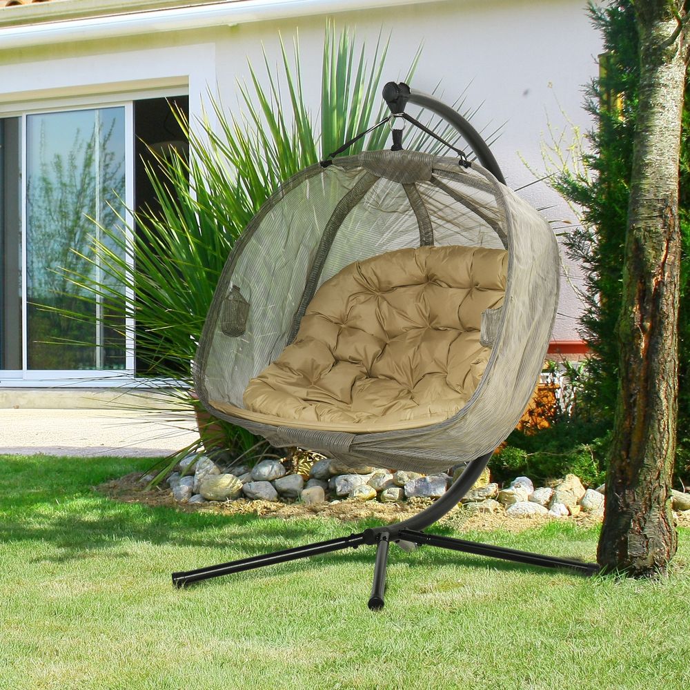 Double Egg Swing Chair for 2 w/ Cushion - Brown. Large Size, Steel Frame. Ideal for Gardens, Balconies. Maximum Load 230KG