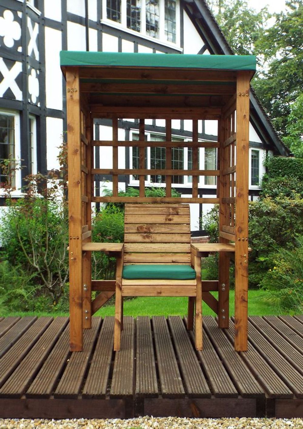 Premium Wentworth Single Arbour - Green, FSC Wood, Roof Cover, Side Tables - Made in Britain (80 characters)
