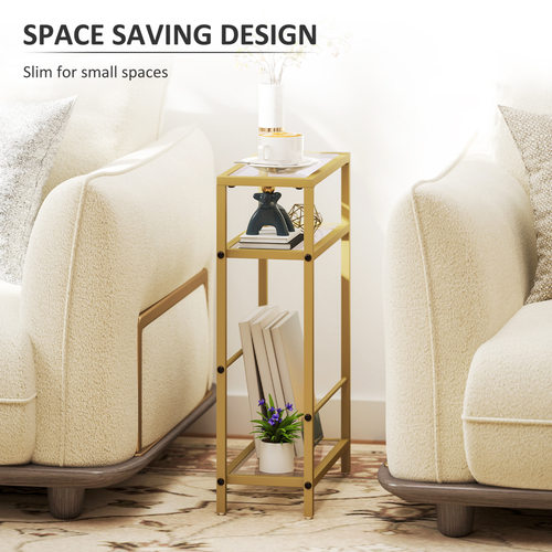 HOMCOM Slim Side Table, End Table with Tempered Glass Tabletop, Gold