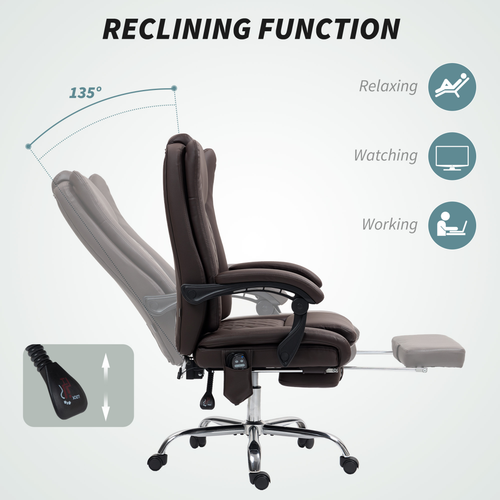 HOMCOM PU Leather Massage Office Chair, Reclining Desk Chair, Brown