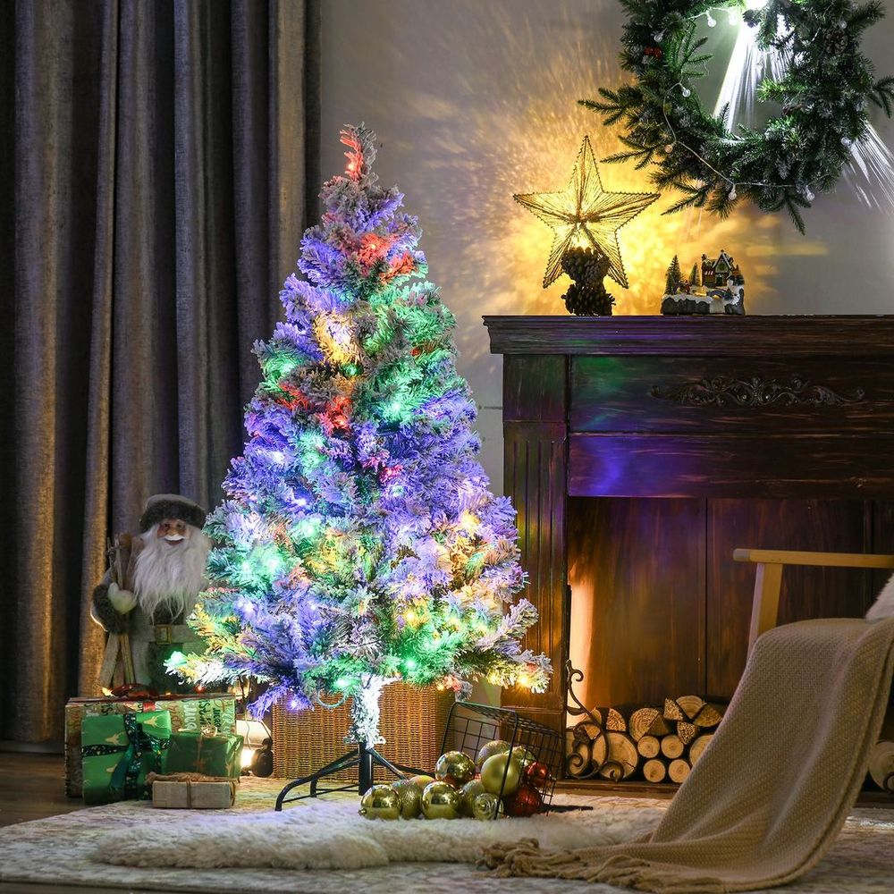 HOMCOM 4.5ft Artificial Flocked Christmas Tree with LED Lights, Snow Branches