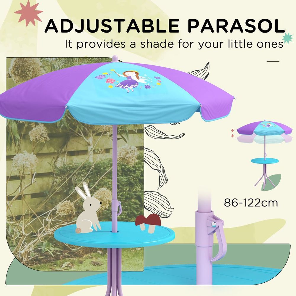 Outsunny Kids Fairy Bistro Set - Adjustable Parasol & Portable Table/Chairs, Perfect for Playtime & Outdoor Adventures!