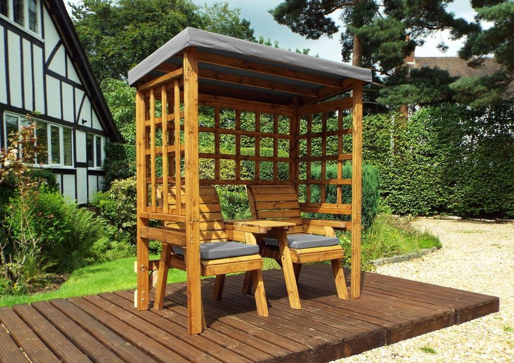 Henley Twin Seat Arbour Green - High Quality, Hand-finished Wood - Waterproof roof - Made in Britain - 10 Year Guarantee