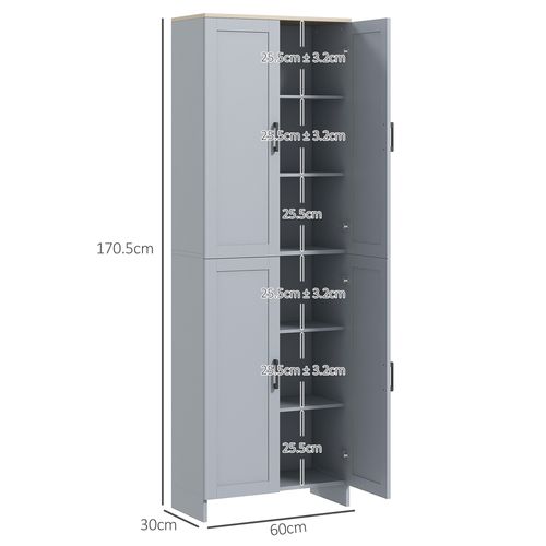 HOMCOM Modern Kitchen Cupboard Storage Cabinet with 6 Shelves, Grey