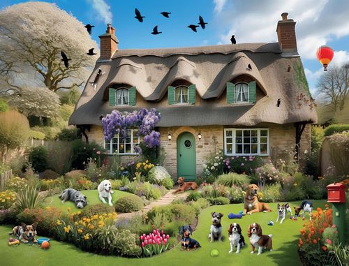 Dogs In A Spring Cottage Garden 1000 Piece Jigsaw Puzzle