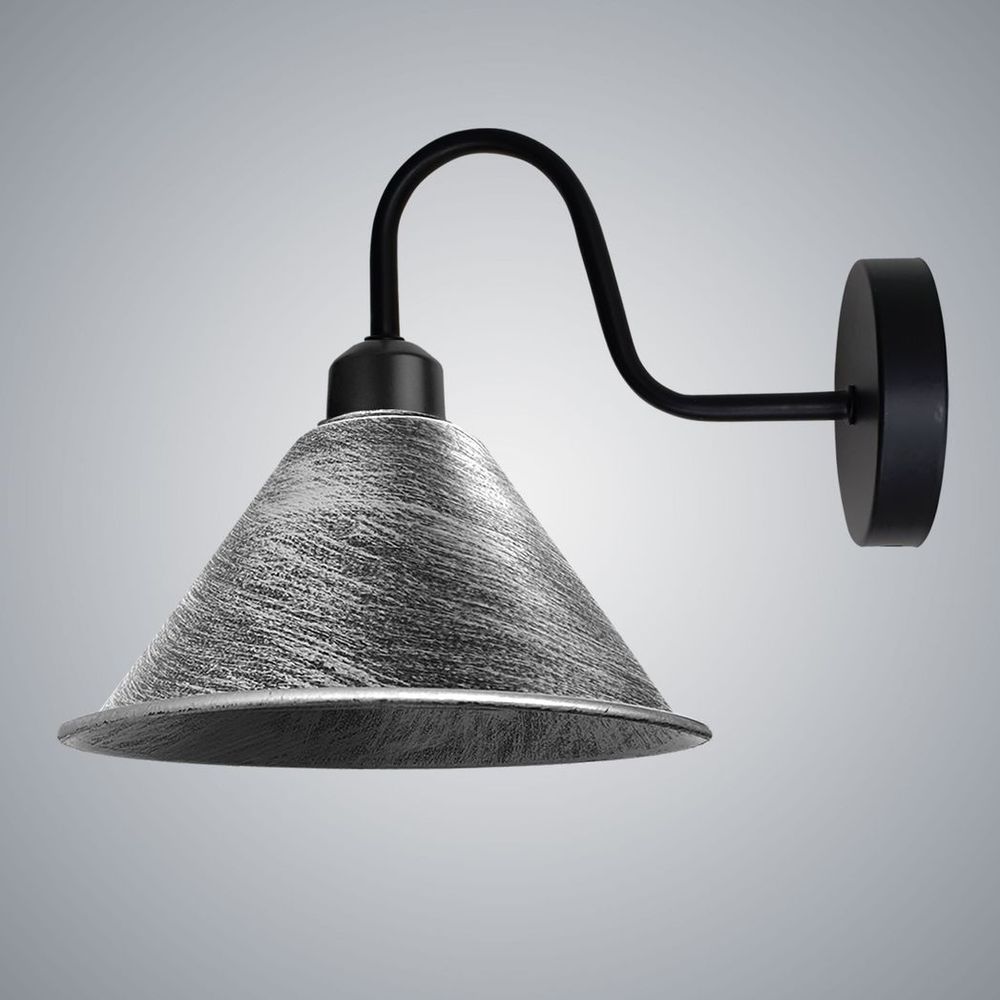 Vintage Wall Light Fixture | Brushed Silver Black Wall Sconce | E27 Socket | Swan Neck Cone Shade | High Quality