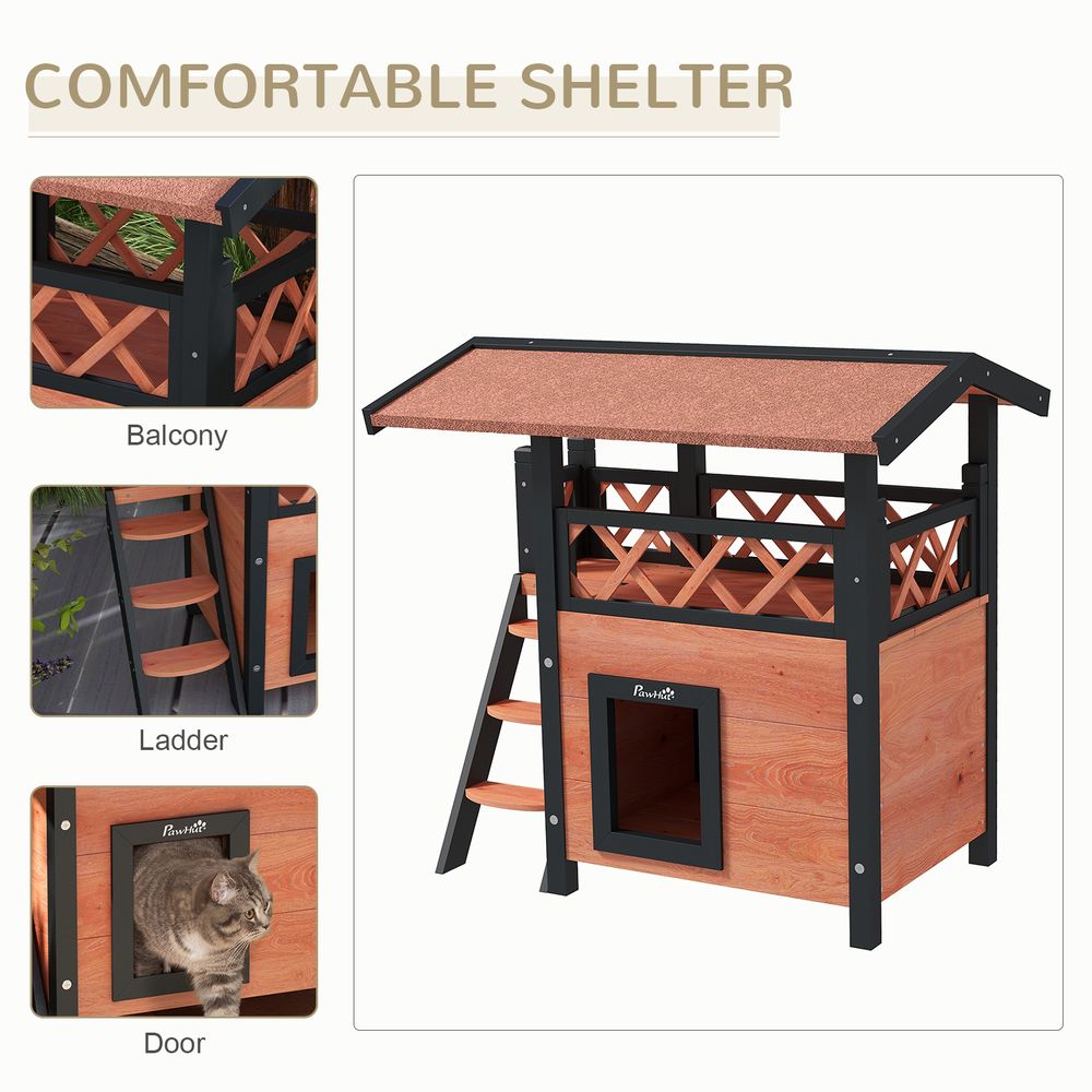 PawHut Outdoor Cat House with Balcony Stairs Roof Brown