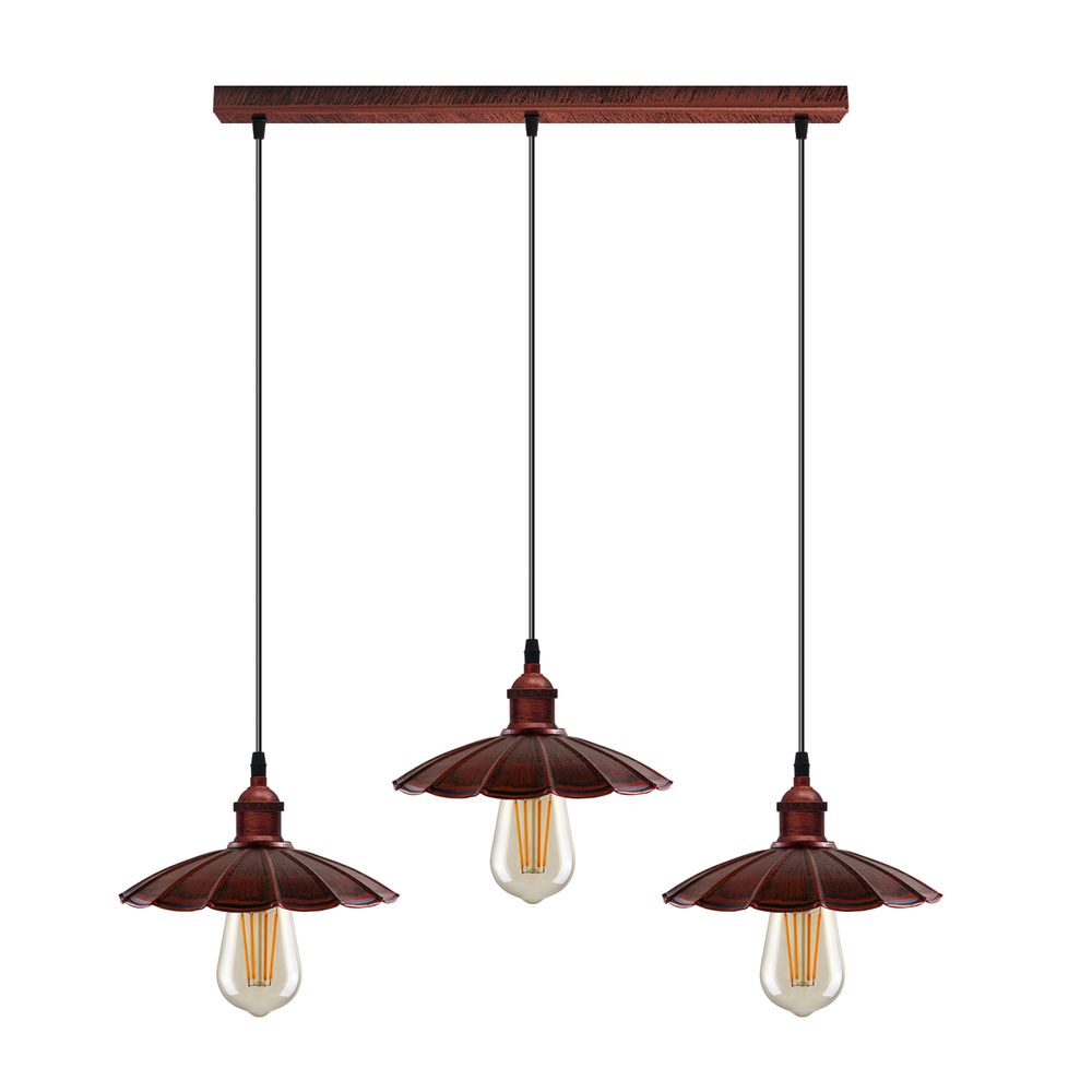 Vintage Industrial Rustic Red 3 Head Pendant - Metal Brushed Light Fitting - Umbrella Shape Lamp Shade - High Quality