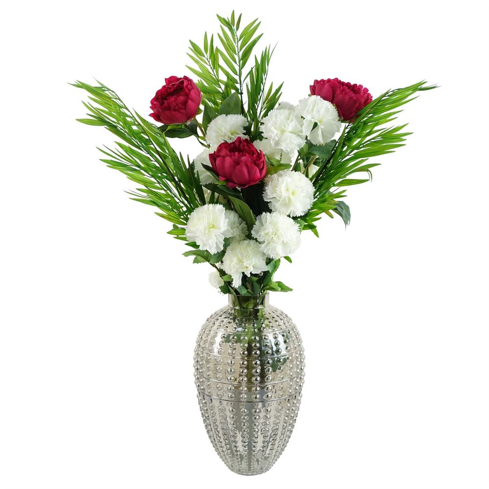 Premium 85cm White Carnation Pink Peony & Fern in Glass Vase - Artificial Flower Arrangement - High-Quality and Stunning Display
