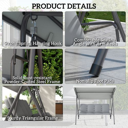 Outsunny 3 Person Porch Swing Chair Outdoor Lounge Bench Canopy Light Grey