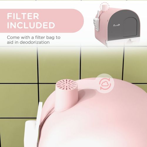 PawHut Cat Litter Box Kitten Litter Tray w/ Lid, Scoop, Filter, Flap Door, Pink