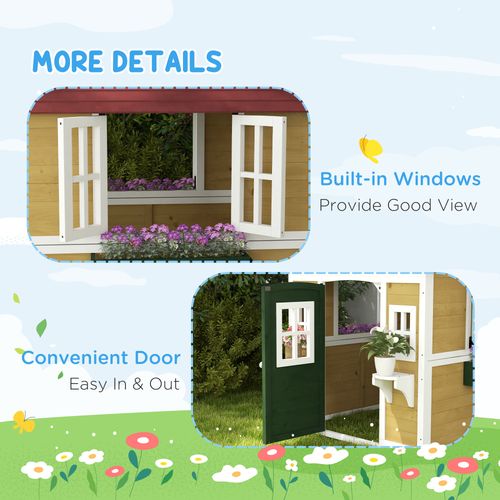 Outsunny Wooden Playhouse with Doors, Wooden, Plant Pots for Kids - Beige