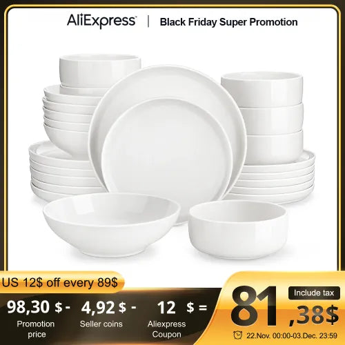 MALACASA 24 Piece Ceramic Plates Porcelain Dinnerware Set with 6 Pcs Dinner/Dessert Plates/Soup/Bowl Tableware Set Service for 6