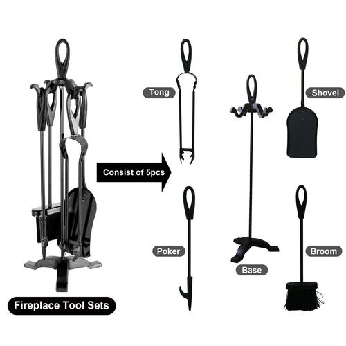 Neo Black Fireplace Fireside 5 Piece Set including Stand