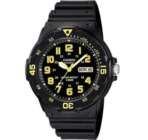 Casio Mens Day Date Yellow Number & Black Rubber Strap Watch - MRW-200H-9BVDF