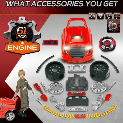 HOMCOM Kids Truck Engine Toy Set, Toddler Educational Car Service Station Playset, Take Apart Workshop, w/RC Car Key, Steering wheel, Horn, Light, for 3-5 Years Old Red