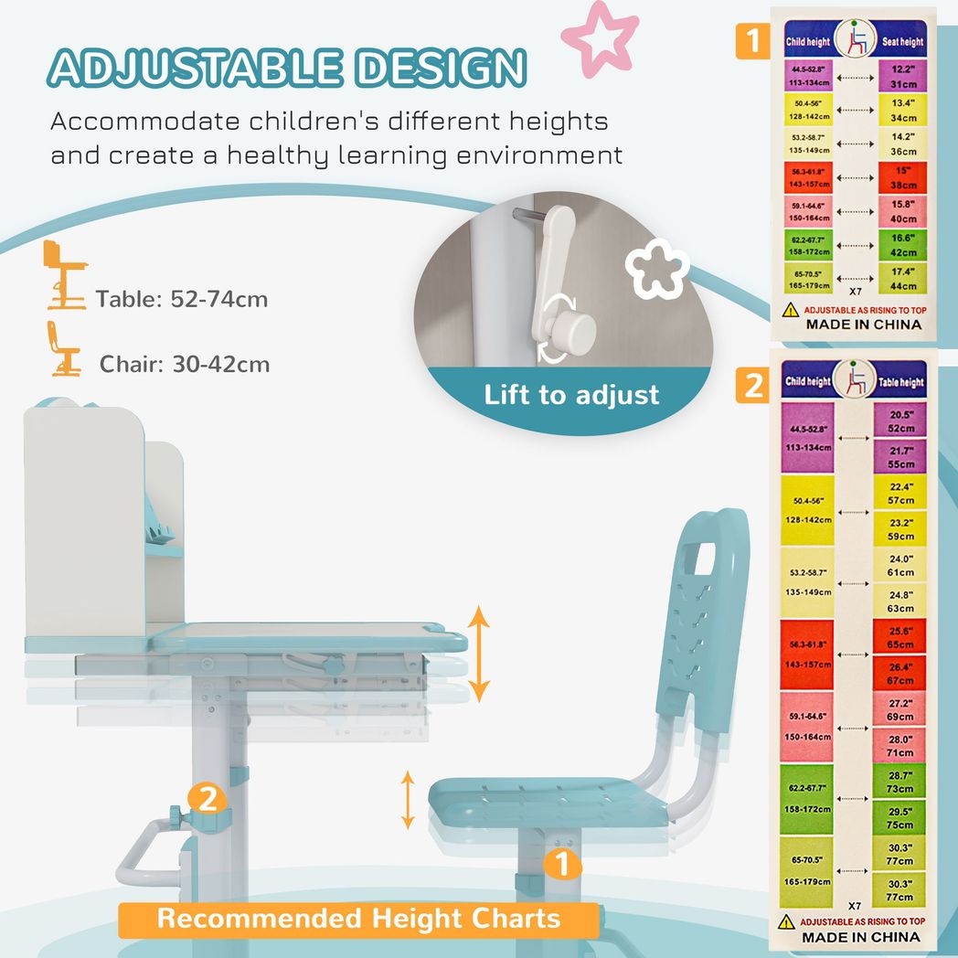 ZONEKIZ Height Adjustable Kids Desk and Chair Set, with Drawer, Bookshelf, Blue