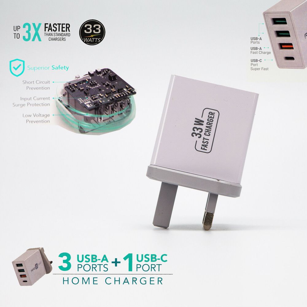 4 Port USB Type C Hub Wall Charger - Fast PD Quick Charge QC 3.0 Adapter, 33W