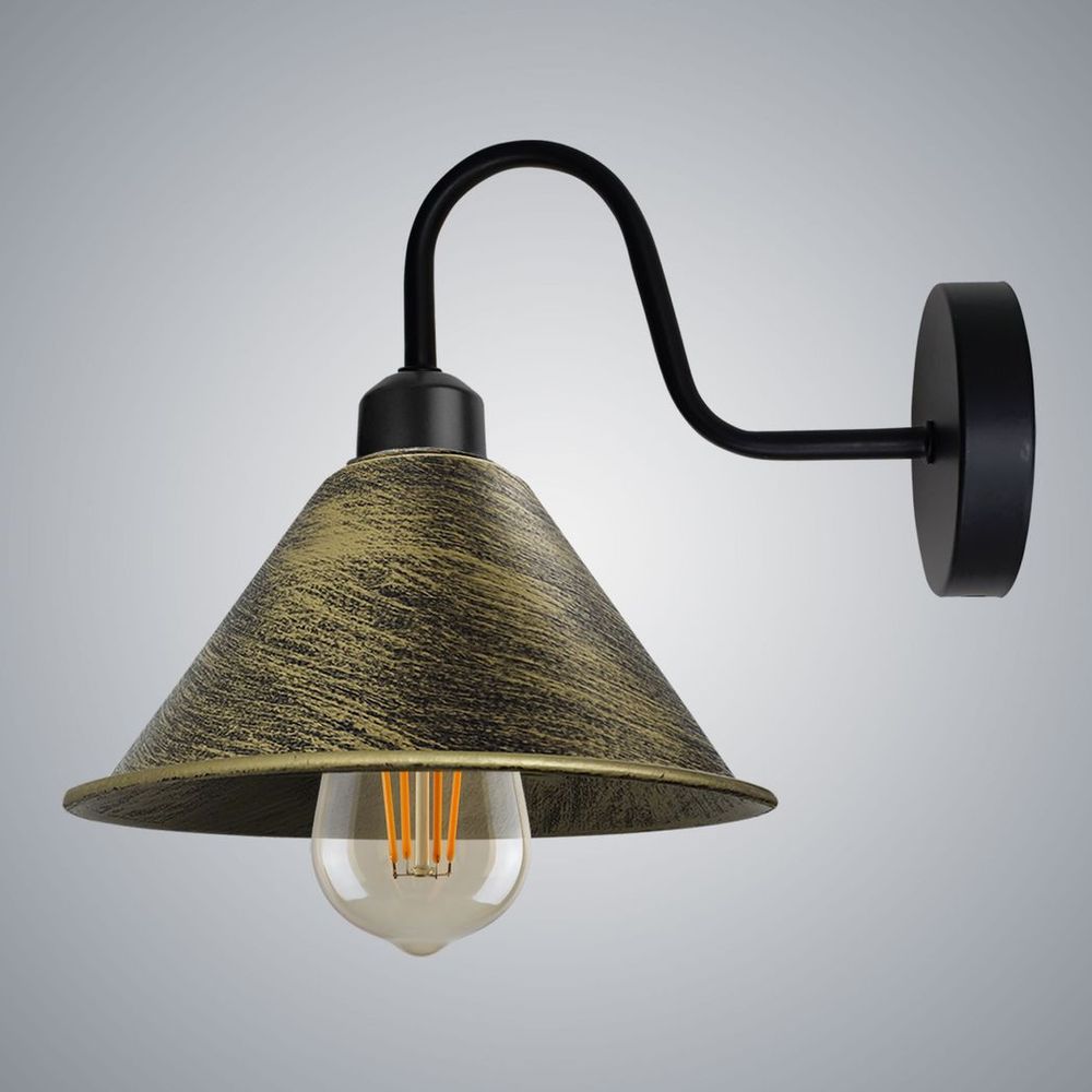 Brushed Brass Vintage Wall Light Fixture Black Wall Sconce E27 Base Socket Screw Wall Mounted Neck Cone Shape Shade