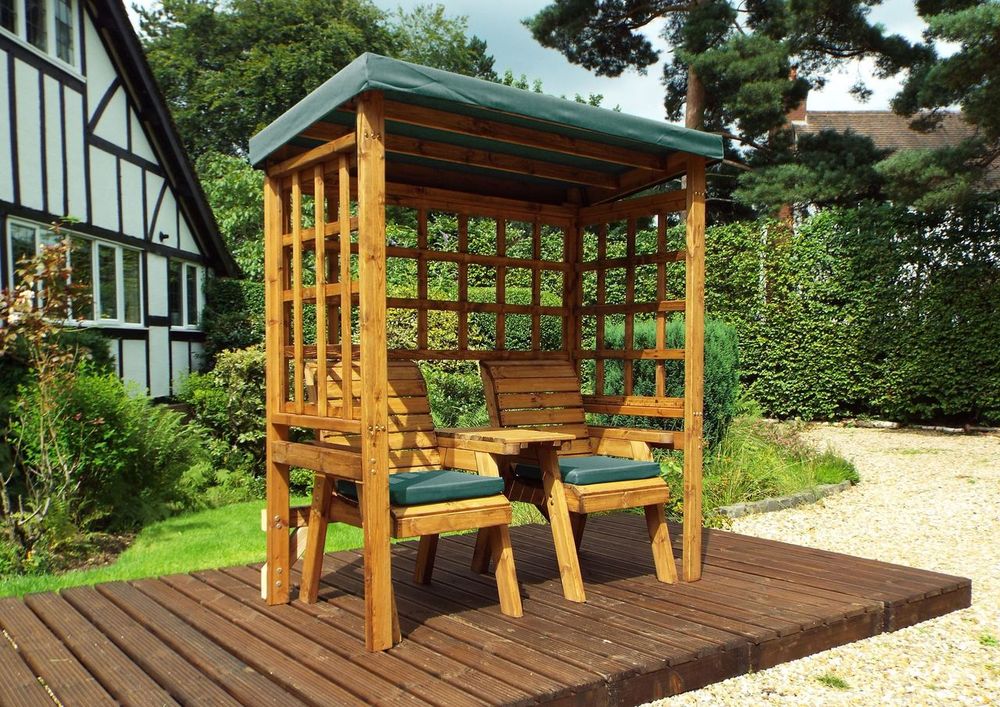 Henley Twin Seat Arbour Green - High Quality, Hand-finished Wood - Waterproof roof - Made in Britain - 10 Year Guarantee