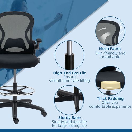 Vinsetto Draughtsman Chair Tall Office Chair w/ Adjustable Footrest Ring Black