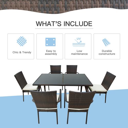 6-Seater Brown Rattan Garden Furniture Tempered Glass Table