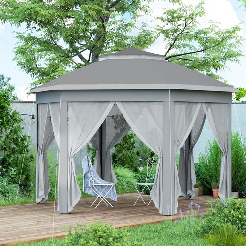 Outsunny 3x4m Hexagon Gazebo w/ Mesh Curtains Outdoor Garden, Dark Grey